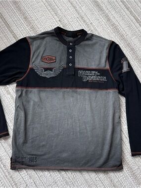 Harley Davidson Motorcycles Embroidered Iron Block Henley Style Long Sleeve XL